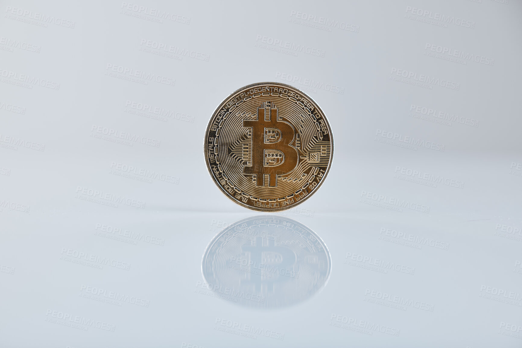 Buy stock photo Coin, crypto and gold money in studio, reflection or trading virtual currency by white background. Symbol, icon and digital cash flow with blockchain, security and decentralized system for investment