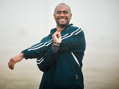 Buy stock photo Portrait, workout and man with stretching arms in outdoor for morning exercise, wellness or fitness routine. Sports, athlete and person with fog for match, preparing or warm up muscles in New Zealand