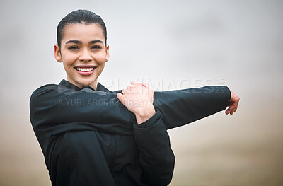 Buy stock photo Portrait, workout and woman with stretching arms in outdoor for morning exercise, wellness or fitness routine. Sports, athlete and person with fog for match, preparing or warm up muscles in Miami