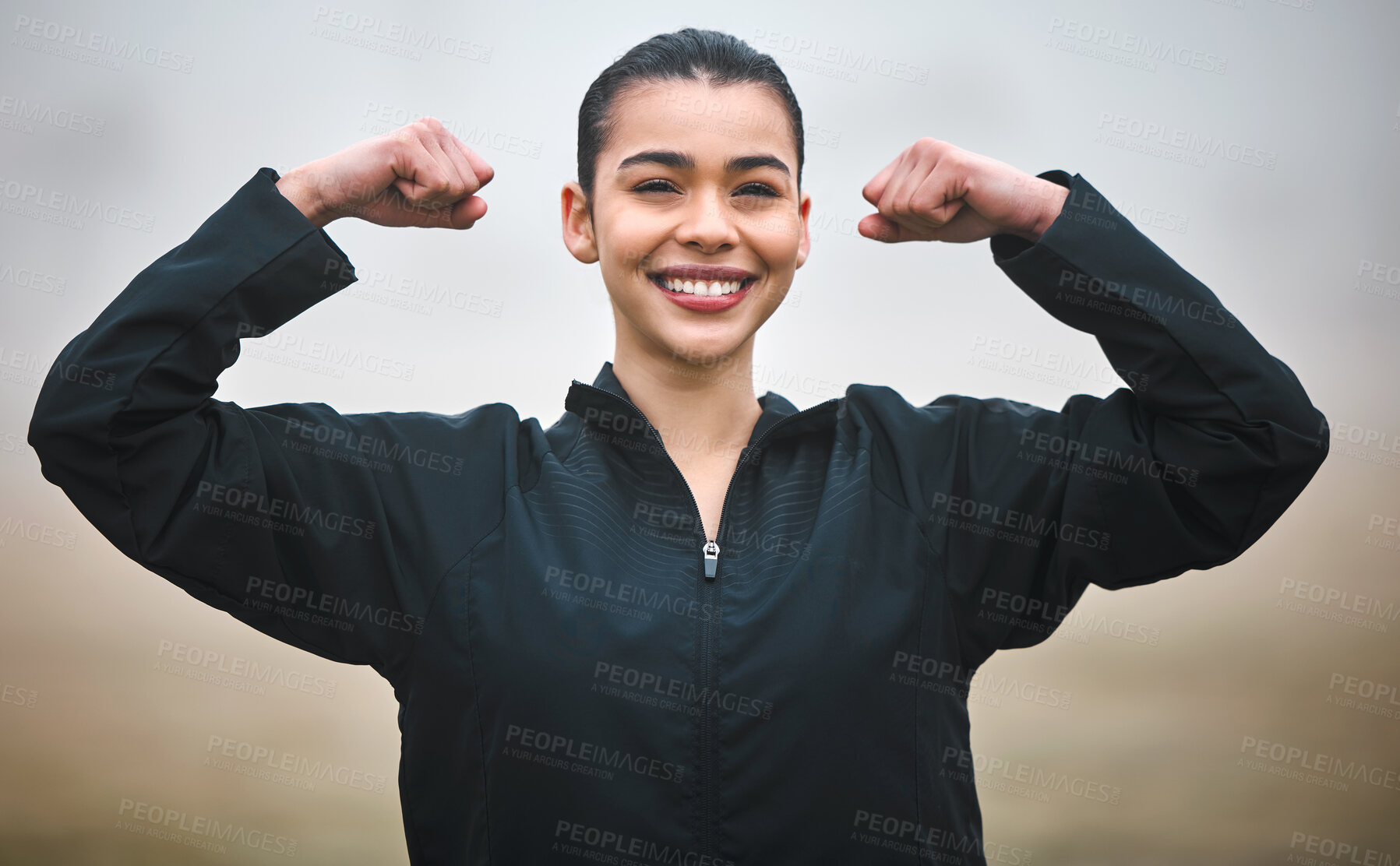 Buy stock photo Happy woman, portrait and fitness with flex for winning, confidence or victory on field or pitch. Female person or athlete with smile or fist pump for success, achievement or workout goals in nature