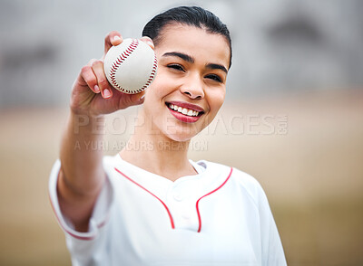 Buy stock photo Happy woman, portrait and baseball player with ball for throw, play or game time on outdoor pitch or field. Female person, sports athlete or baller with smile for match, fitness or practice in nature