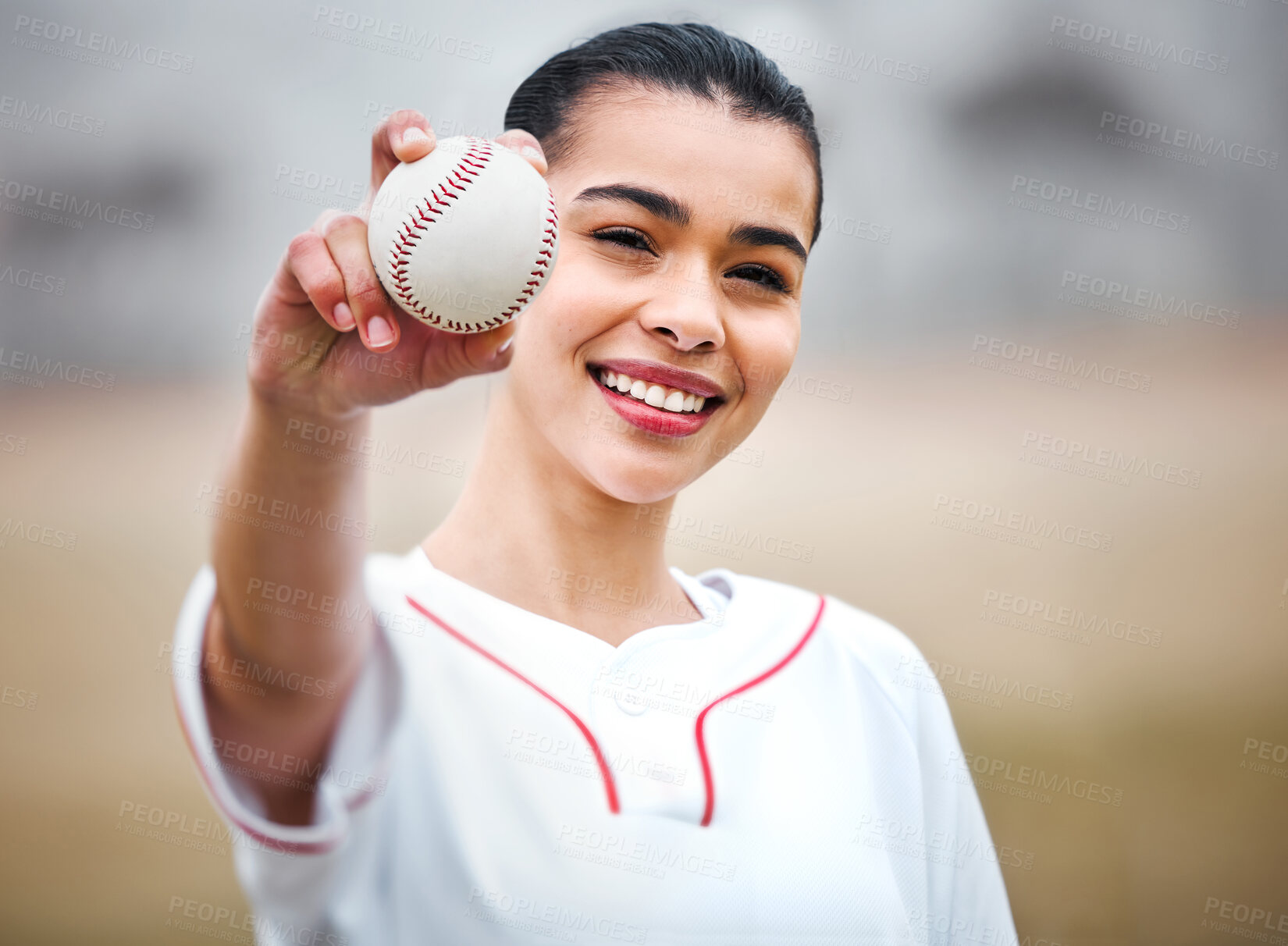 Buy stock photo Happy woman, portrait and baseball player with ball for throw, play or game time on outdoor pitch or field. Female person, sports athlete or baller with smile for match, fitness or practice in nature