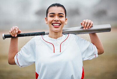 Buy stock photo Happy woman, portrait and baseball with bat on turf for game time, match or outdoor competition on field. Young female person or sports athlete with smile for fitness, exercise or softball on pitch