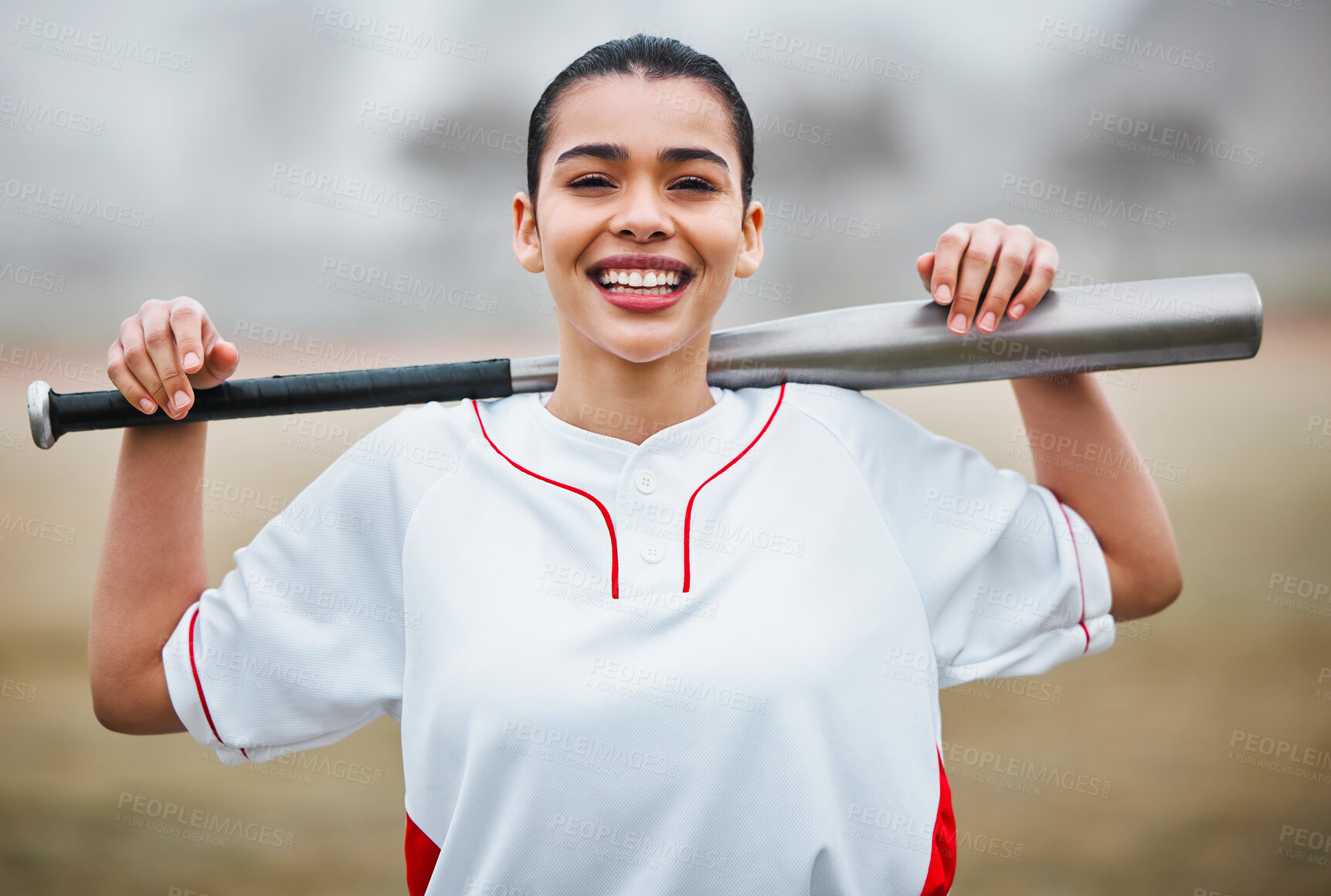 Buy stock photo Happy woman, portrait and baseball with bat on turf for game time, match or outdoor competition on field. Young female person or sports athlete with smile for fitness, exercise or softball on pitch