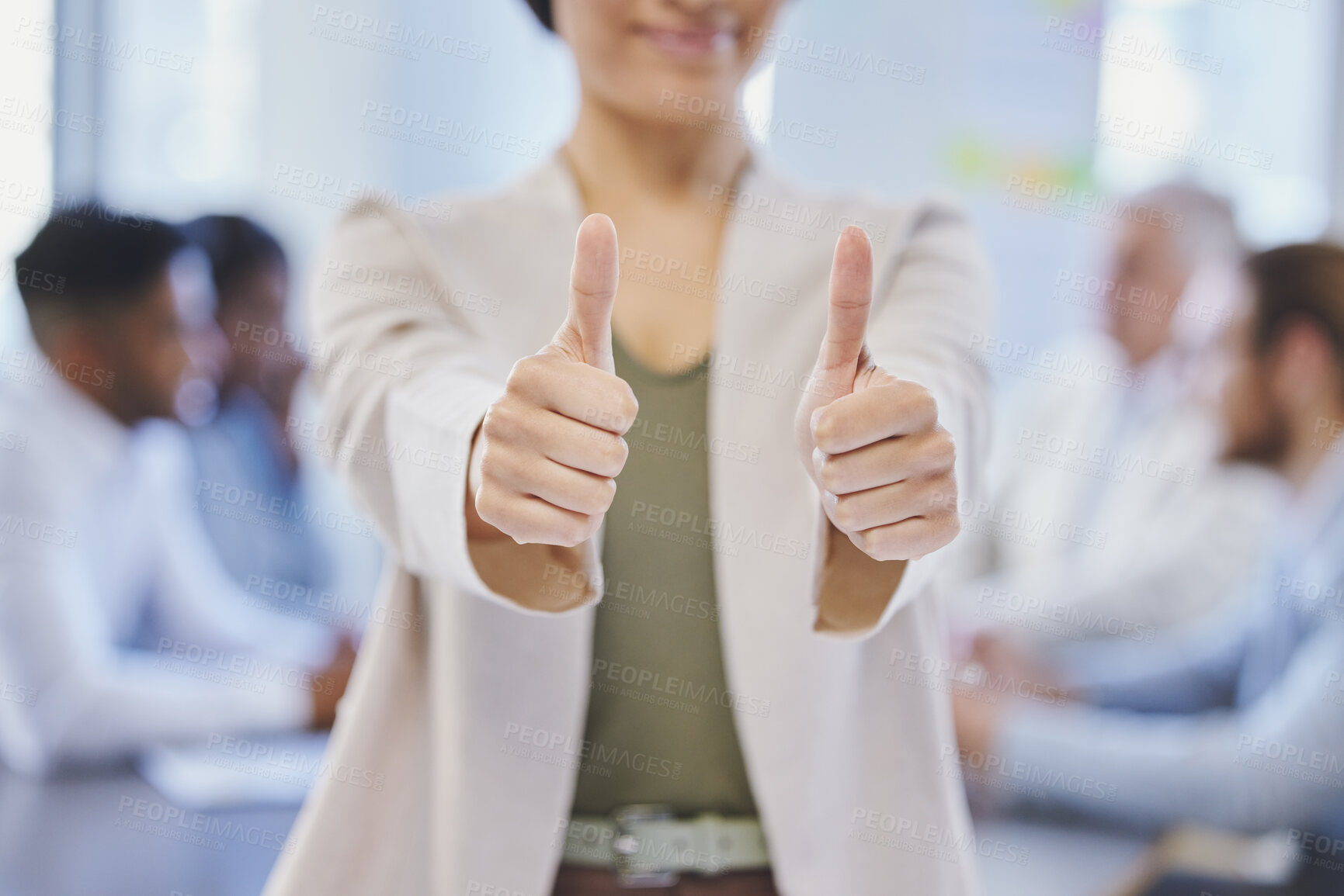 Buy stock photo Woman, hands and thumbs up in business meeting for agreement, manager with sign for thank you. Female leader, office and vote with finger gesture for ok, feedback for sales approval with corporate