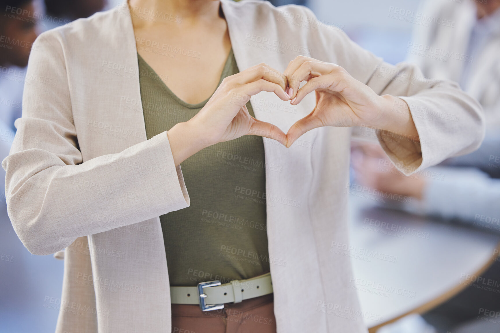 Buy stock photo Business woman, heart and hands in office for gratitude, support and compassion for company goal. Female person, care and trust with love emoji or icon for kindness, hope and empathy or giving