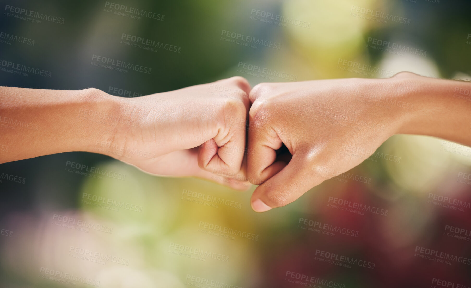 Buy stock photo Closeup, team and fist bump in nature for success, support or friends greeting outdoor. Hands, gesture or people with partnership agreement for connection, cooperation or solidarity for collaboration