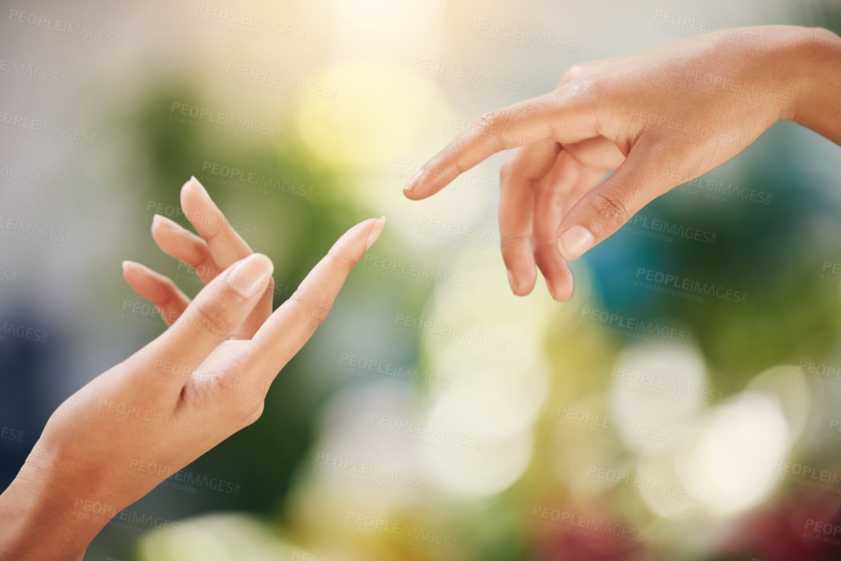 Buy stock photo Outdoor, people or hands reaching for teamwork, cooperation or support for power or solidarity. Connection, florist and gardener in nature with link, synergy and garden together by blurred background