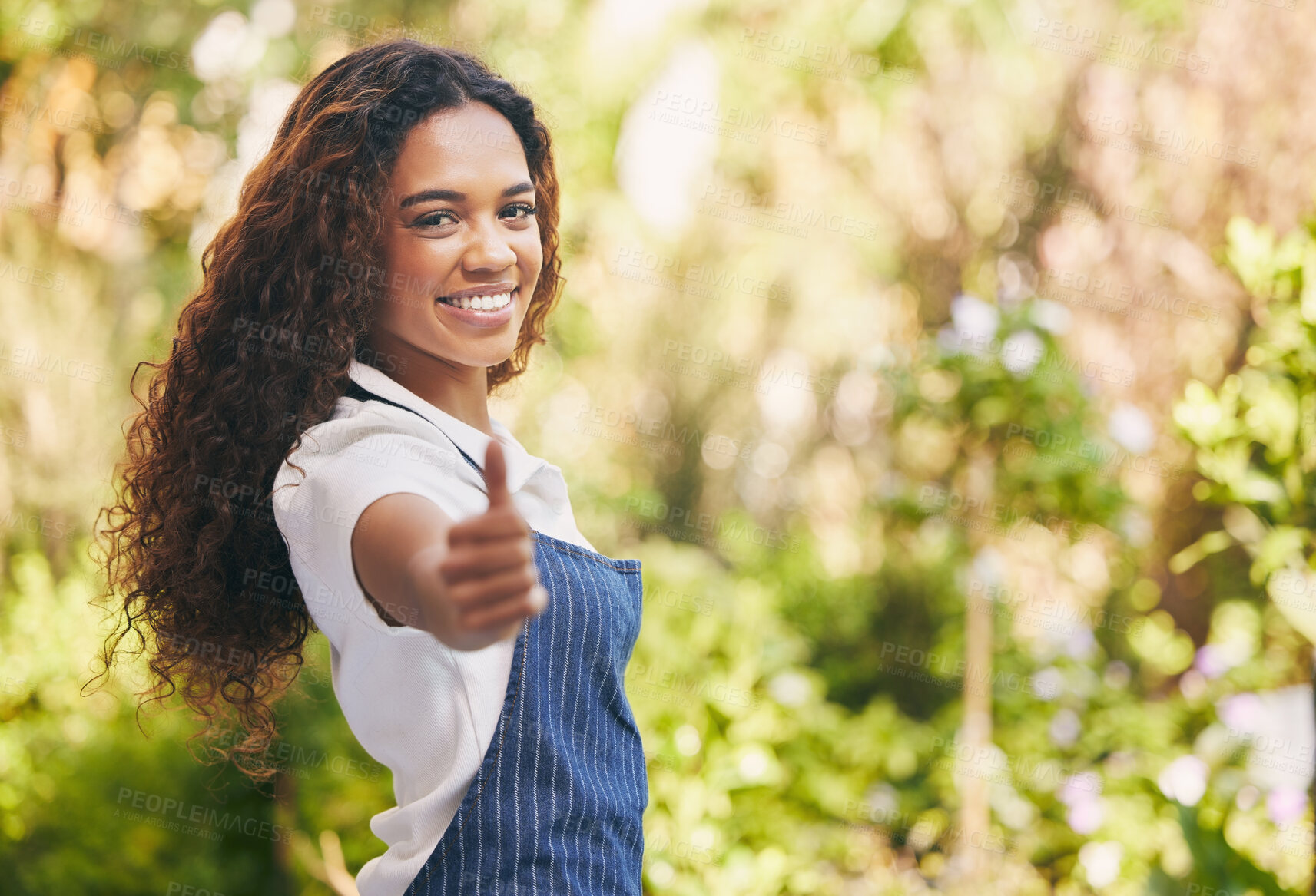 Buy stock photo Portrait, nursery owner and woman with thumbs up, sunshine and nature with support, promotion and agreement. Face, person or entrepreneur with hand gesture, review for startup or feedback for service