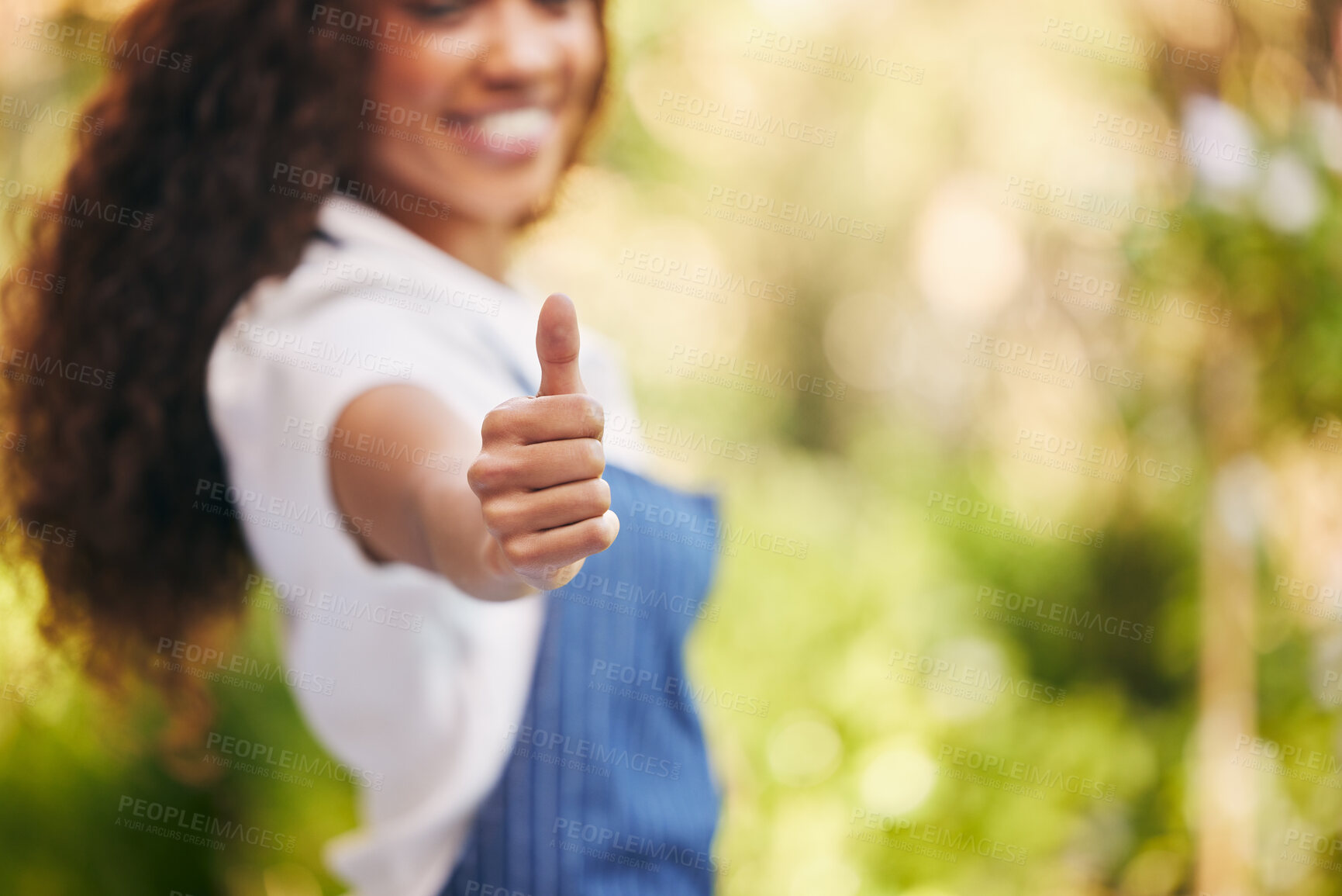 Buy stock photo Portrait, nursery owner and woman with thumbs up, nature and feedback for service with support, promotion or agreement. Face, person or entrepreneur with hand gesture, review for startup or like sign