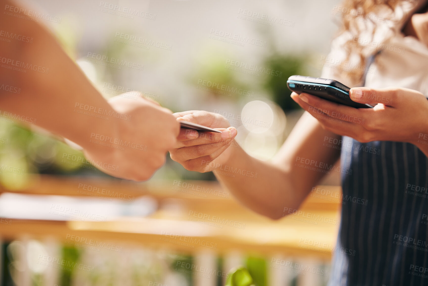 Buy stock photo Credit card, hands and woman for payment, machine and financial transaction with banking account. Purchase, zoom and cashier at pos in store with fintech for shopping, sale and bills as exchange