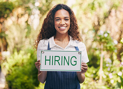 Buy stock photo Portrait, smile and woman with hiring sign for employment, career or job opportunity. Face, recruitment poster and African female business owner, florist and advertising interview, hire or onboarding