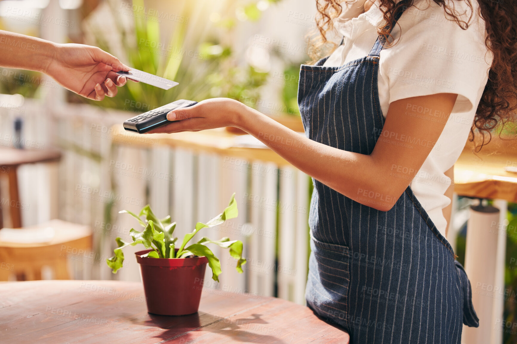 Buy stock photo Credit card, hands and woman for payment, machine and financial transaction with banking account. Purchase, customer and cashier at pos in store with fintech for shopping, sale or nfc tap as exchange