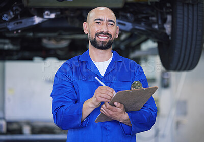 Buy stock photo Happy man, portrait and mechanic with clipboard for service, repair or report at workshop. Young male person or mechanical engineer with smile for vehicle checklist, fix or car inspection at garage