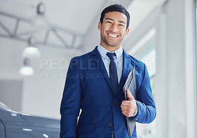 Buy stock photo Portrait, documents and car salesman smile at dealership, workshop or workplace. Face, folder and male person at showroom for motor vehicle shopping, business owner or sales manager in retail store.