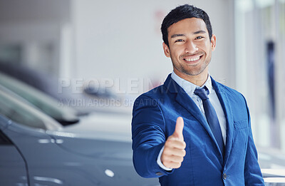 Buy stock photo Portrait, thumbs up and car salesman smile at showroom for ok, yes and welcome. Face, like hand gesture and dealership manager with emoji for success, agreement or thank you for sales in retail store