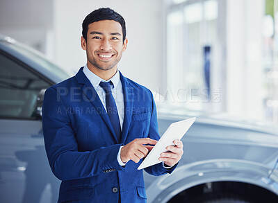 Buy stock photo Portrait, tablet and car salesman smile at dealership, workshop or workplace. Face, technology and male person at showroom for motor vehicle shopping, business owner or sales manager in retail store.