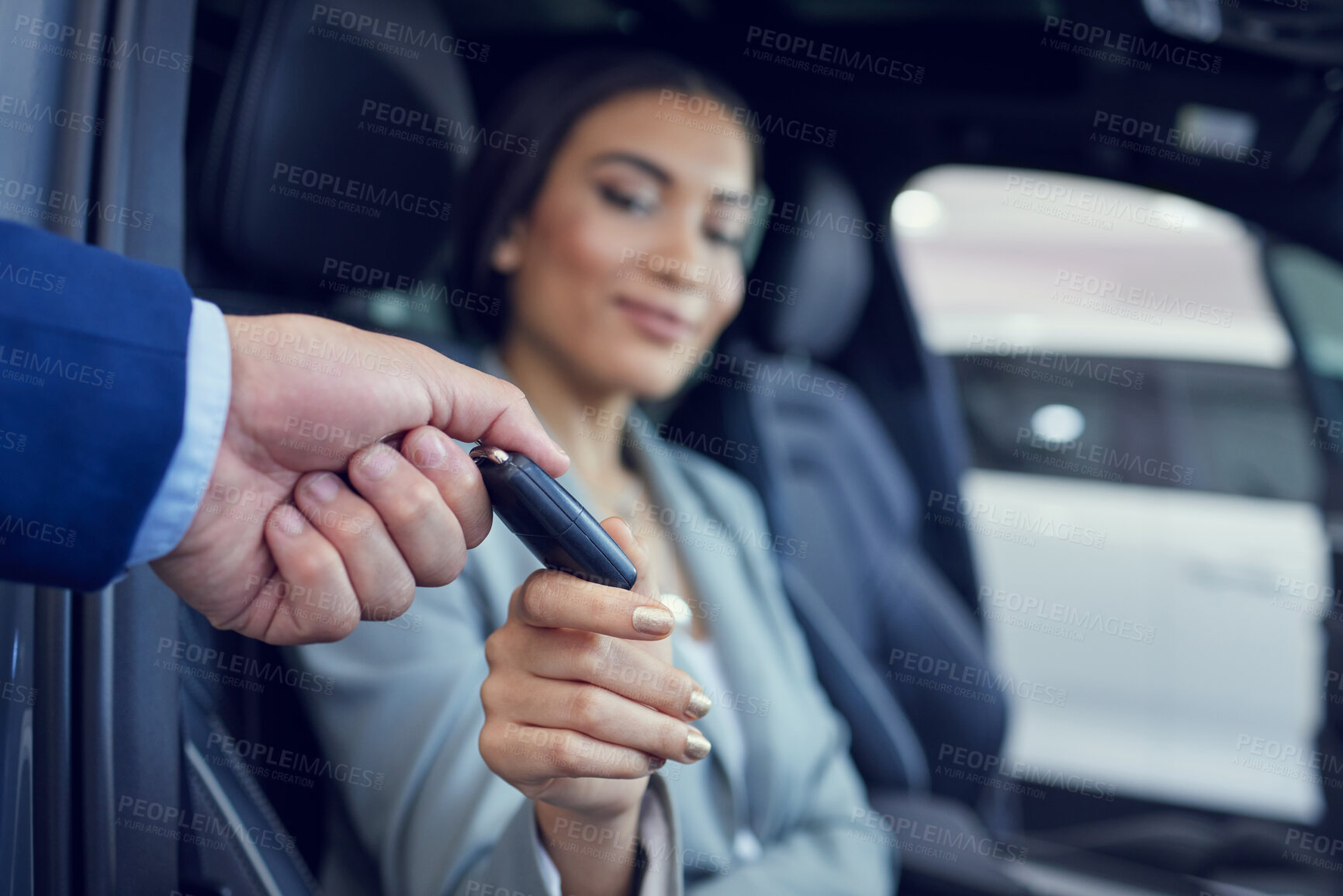 Buy stock photo New car, salesman and woman with key in showroom for automobile, shopping and purchase. Transportation, agent and customer with smile in motor vehicle for sale, consultation and giving in dealership