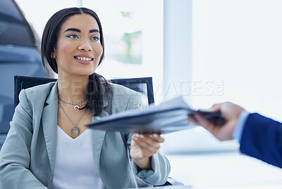 Buy stock photo Business woman, employee and giving a file in an office with a contract, paperwork or report. Smile of a female entrepreneur or manager with a client man and document for agreement or finance budget