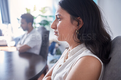 Buy stock photo Home, couple and angry after fight, ignore and marriage issue of married people. Divorce, woman and man with conflict due husband erectile dysfunction, cheating and toxic relationship in house