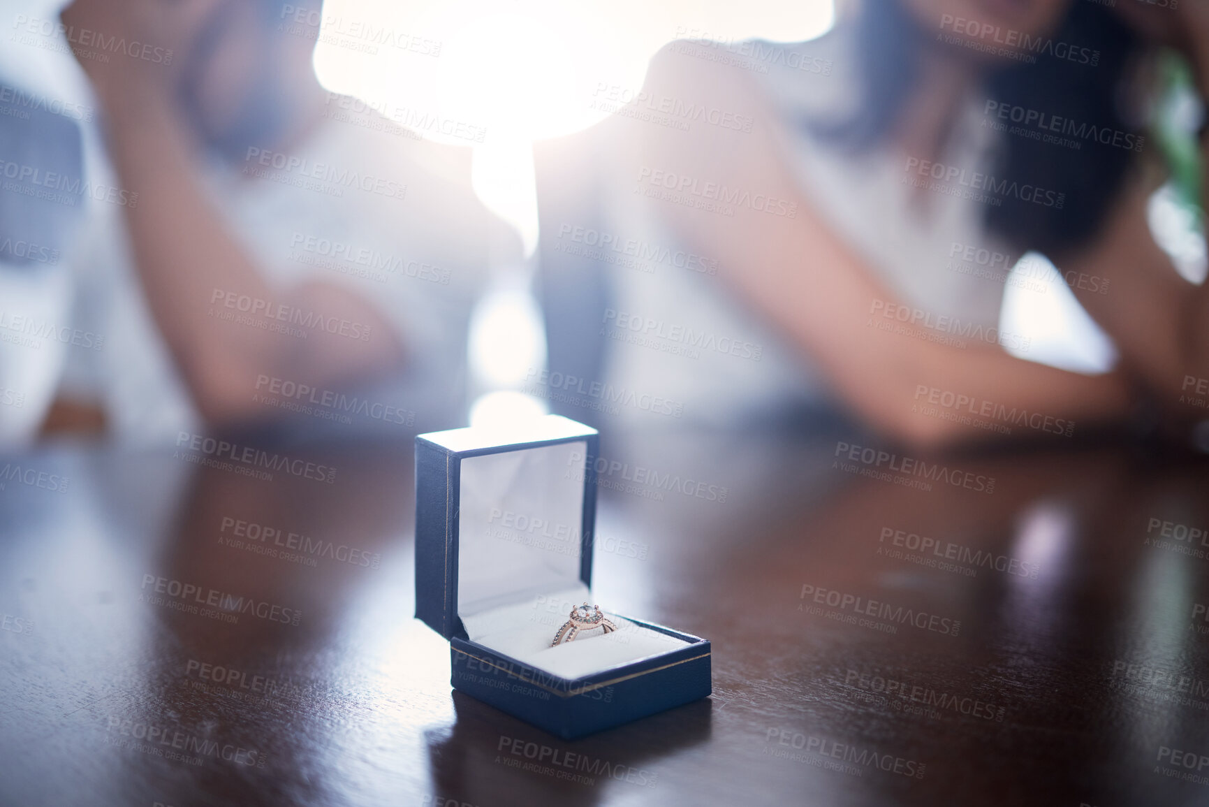 Buy stock photo Rejection, engagement and ring box of couple after no, argument and disagreement in home. House, man and woman in relationship with commitment issues, dating problems and girl refuse offer indoor
