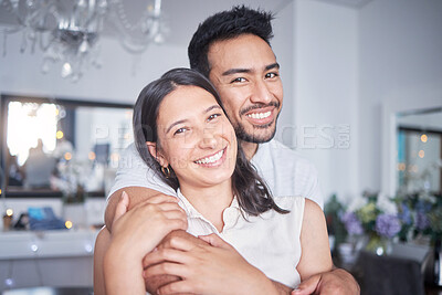 Buy stock photo Home, happy couple and hug in portrait for love, bond and commitment in marriage. Married people, man and woman in apartment with support, romance and affection with trust of husband and wife