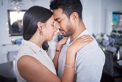 Buy stock photo Touching, bonding and couple with forehead together in communication of support, love or trust in partnership. People, forgive and hug after fight, conflict or date for healthy relationship and peace