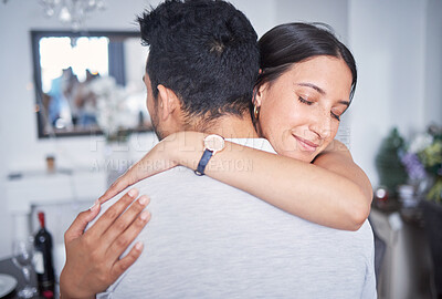 Buy stock photo Couple, hug and together in home for support, love and forgiveness in lounge after fight. Woman, man and communication with sorry and care for relationship, kindness and empathy for peace in home