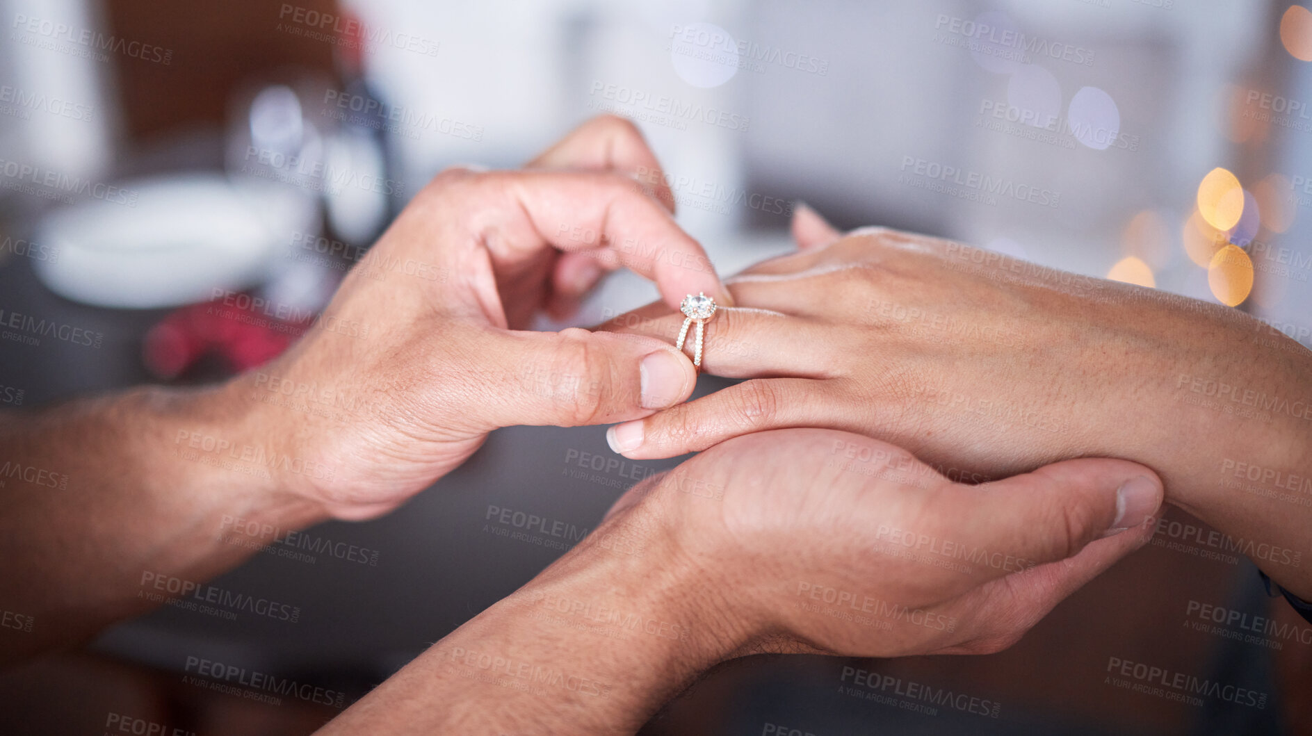 Buy stock photo Hand, ring and couple engagement in home for love, commitment and promise for marriage with care or affection. Man, woman and together in house with jewelry for proposal, forever and unity with trust