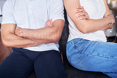 Buy stock photo Couple, together and arms crossed angry in bedroom for conflict, communication problem and dating trouble. People, man and woman frustrated in home unhappy with relationship for argument or upset