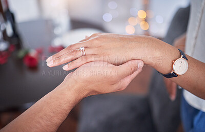 Buy stock photo Couple, proposal and engagement with ring on hand for commitment, relationship and marriage. People, man and woman together with jewellery on finger for love, connection and romantic support