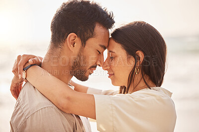 Buy stock photo Couple, forehead touch and hug with love and travel, sun and sea with care on vacation in Mexico. Commitment, support and trust in relationship, tourism and people embrace with peace and affection