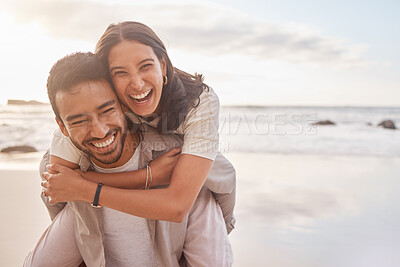 Buy stock photo Couple, portrait and hug at the beach with happiness on vacation for love with sunshine. Man, woman and hugs at the ocean with sun for a holiday with a smile for the weekend with a relaxing date.