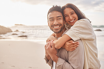 Buy stock photo Love, portrait of couple and on the beach happy together with a lens flare. Care or support, summer vacation or holiday break and smile with young people at the sea for a romantic date outdoors