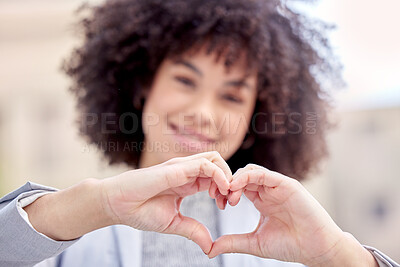 Buy stock photo Business, outdoor or happy woman with heart hands for support, love or charity in city or urban town. Outside, wellness or entrepreneur person with shape for health care, trust or company kindness 