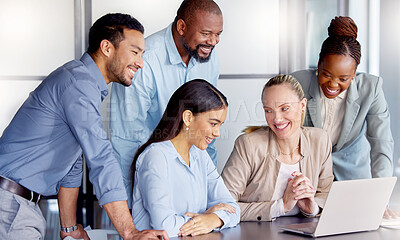 Buy stock photo Laptop, teamwork or business people in meeting for solution, conversation or discussion for tech update. Problem solving, good news and staff in office for review, feedback and online collaboration