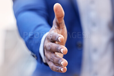 Buy stock photo Offer, closeup or businessman shaking hands in city for project agreement, greeting or b2b deal. Hiring, outdoor handshake or person meeting for negotiation, networking or partnership opportunity