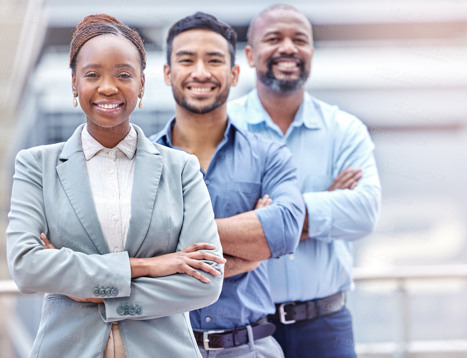 Buy stock photo About us, leadership and portrait of lawyer team or professional people arms crossed confident in teamwork. Diversity, workforce and group of employees together as a startup company or agency