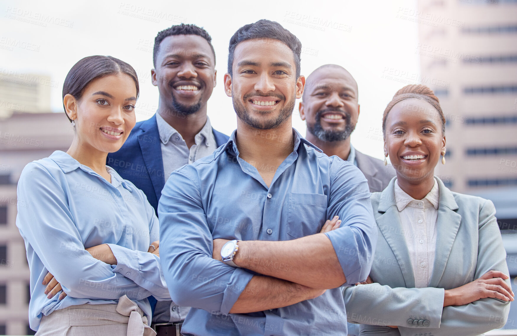 Buy stock photo Business people, portrait and pride with smile in city, leadership or management success outdoor. Professional, team or group with arms crossed from company diversity or solidarity for corporate work