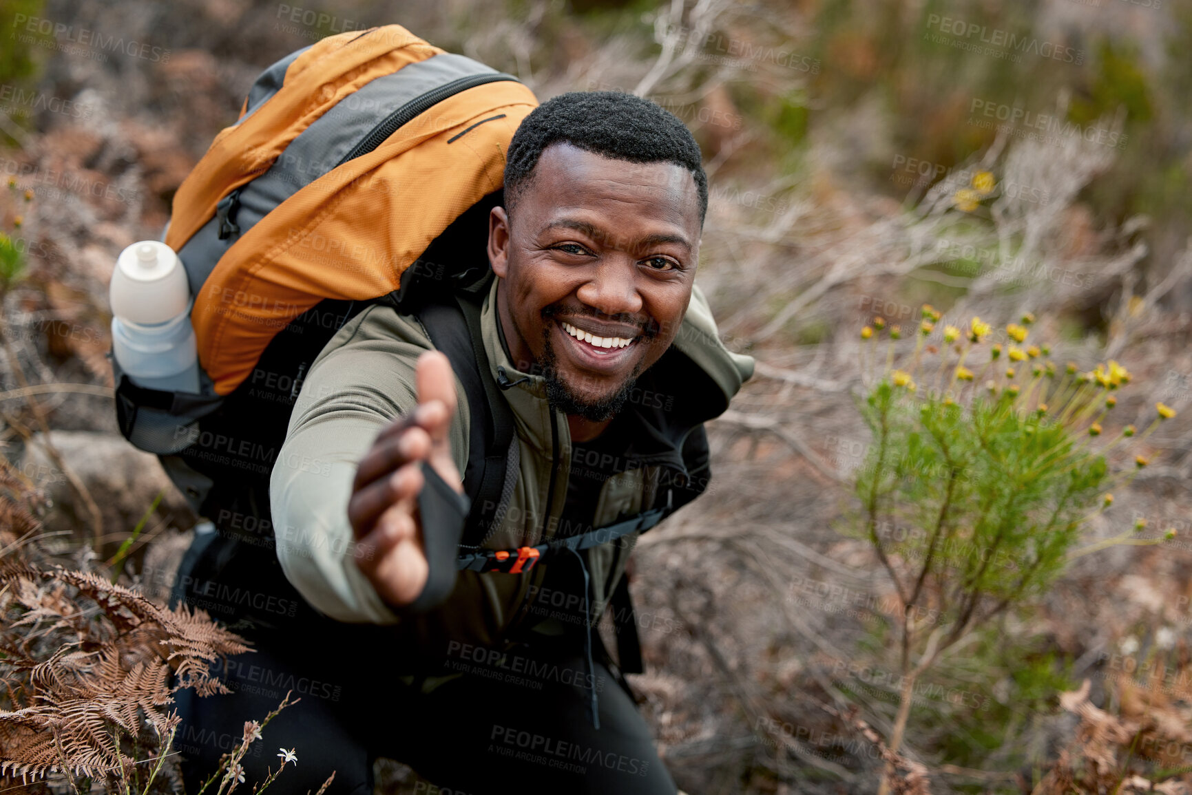 Buy stock photo Man, hiking and portrait asking for help with hand out for rescue, support and climbing mountain. Black person, assistance and adventure in nature for exercise, travel or trekking wilderness