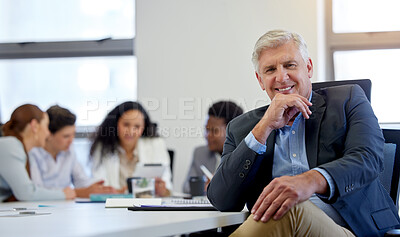 Buy stock photo Portrait, ceo and happy businessman in meeting at office for career, job or consultant thinking at company. Face, smile and mature professional entrepreneur, leader and executive boss at workplace