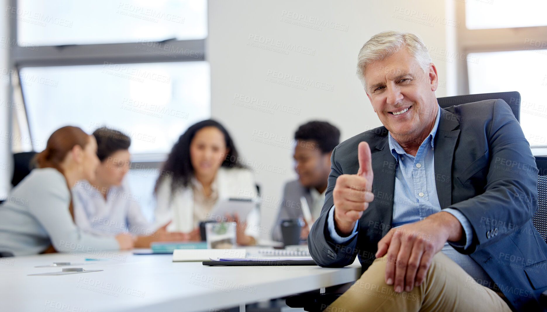 Buy stock photo Portrait, ceo and happy businessman with thumbs up in meeting at office of agent for success, support or yes. Face, smile and mature professional with like hand gesture for feedback, review or emoji