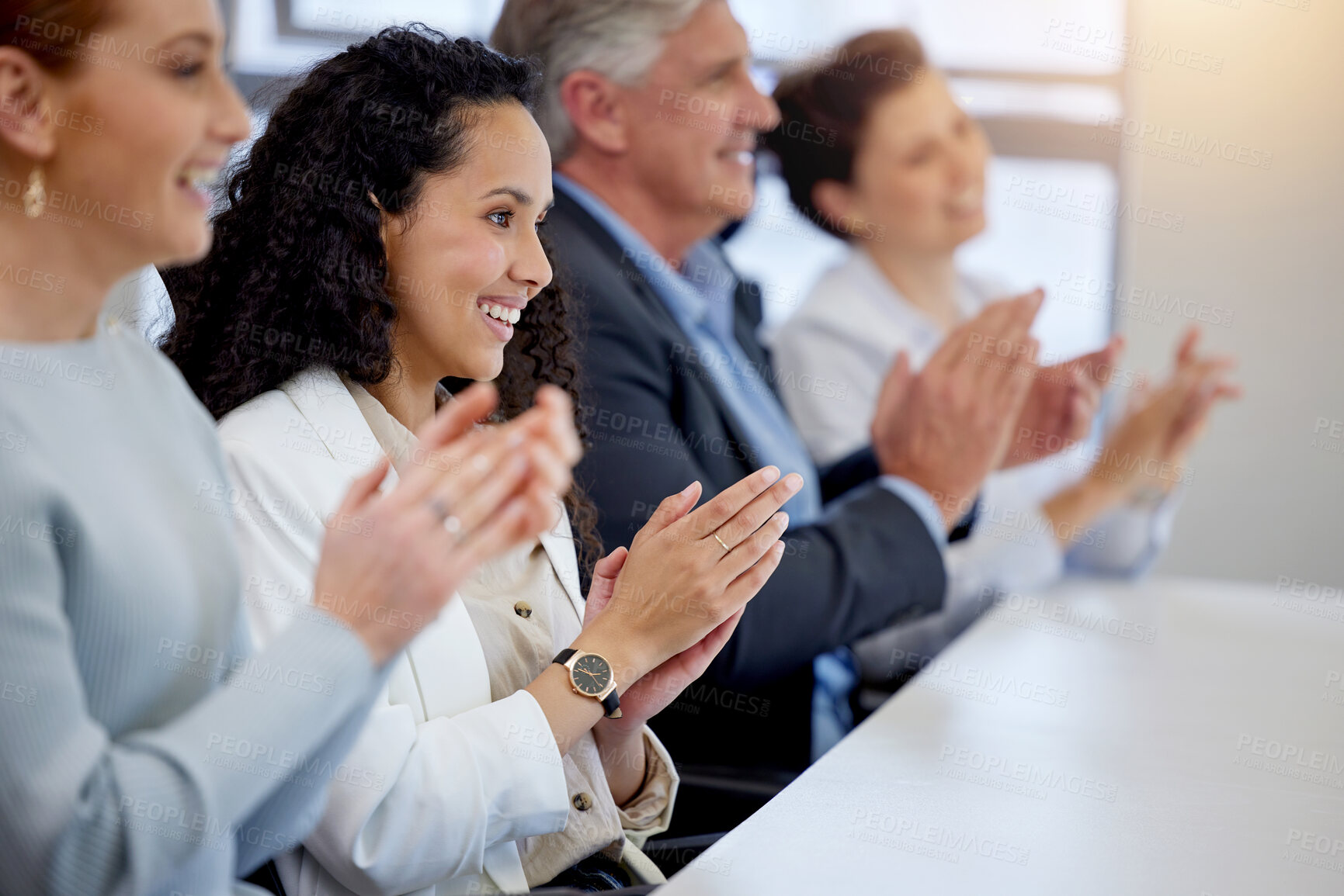 Buy stock photo Applause, celebration and business people in meeting for achievement, support or success in boardroom. Professional, diversity and employees clapping for conference, presentation or congratulations
