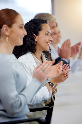 Buy stock photo Shot of a group of businesspeople clapping hands while in a meeting at work