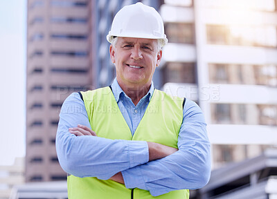 Buy stock photo Mature, man and arms crossed with architect in city, portrait with confidence at construction site for engineering and labor. Maintenance, renovation and contractor outdoor for urban infrastructure