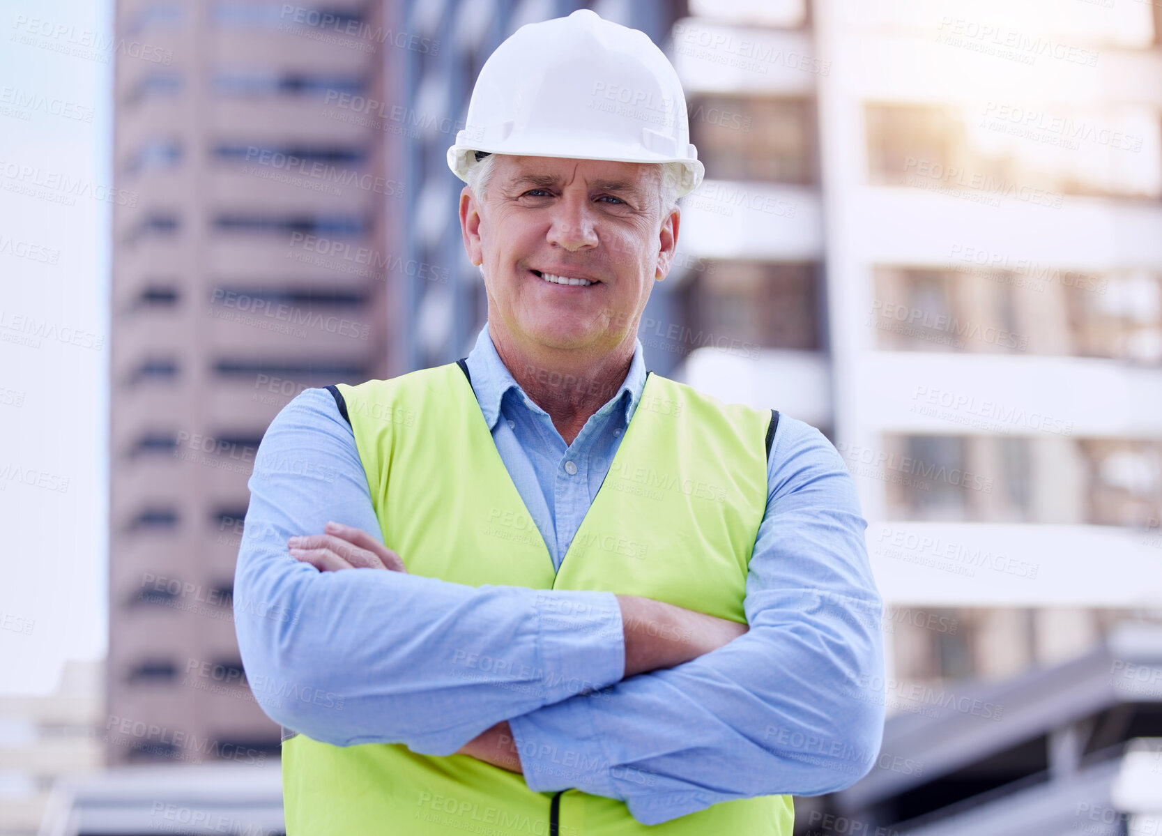 Buy stock photo Mature, man and arms crossed with architect in city, portrait with confidence at construction site for engineering and labor. Maintenance, renovation and contractor outdoor for urban infrastructure