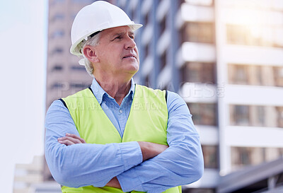 Buy stock photo Mature, man and arms crossed with architect thinking in city, ideas or inspiration at construction site for engineering. Renovation decision, property development and vision for urban infrastructure 