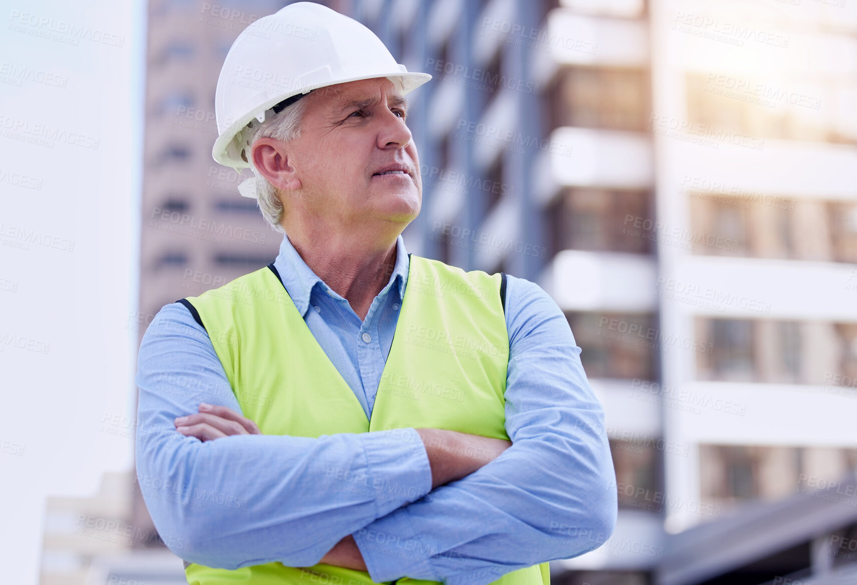 Buy stock photo Mature, man and arms crossed with architect thinking in city, ideas or inspiration at construction site for engineering. Renovation decision, property development and vision for urban infrastructure 