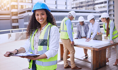 Buy stock photo Woman, portrait and construction with team, planning and smile for building with clipboard. Architect, engineer and safety helmet for collaboration, teamwork and affirmative action in industrial job