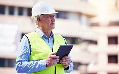 Buy stock photo Mature, man and tablet with architect in city, construction inspection and digital blueprint for engineering. Urban infrastructure, project management and safety protocol with electronic checklist